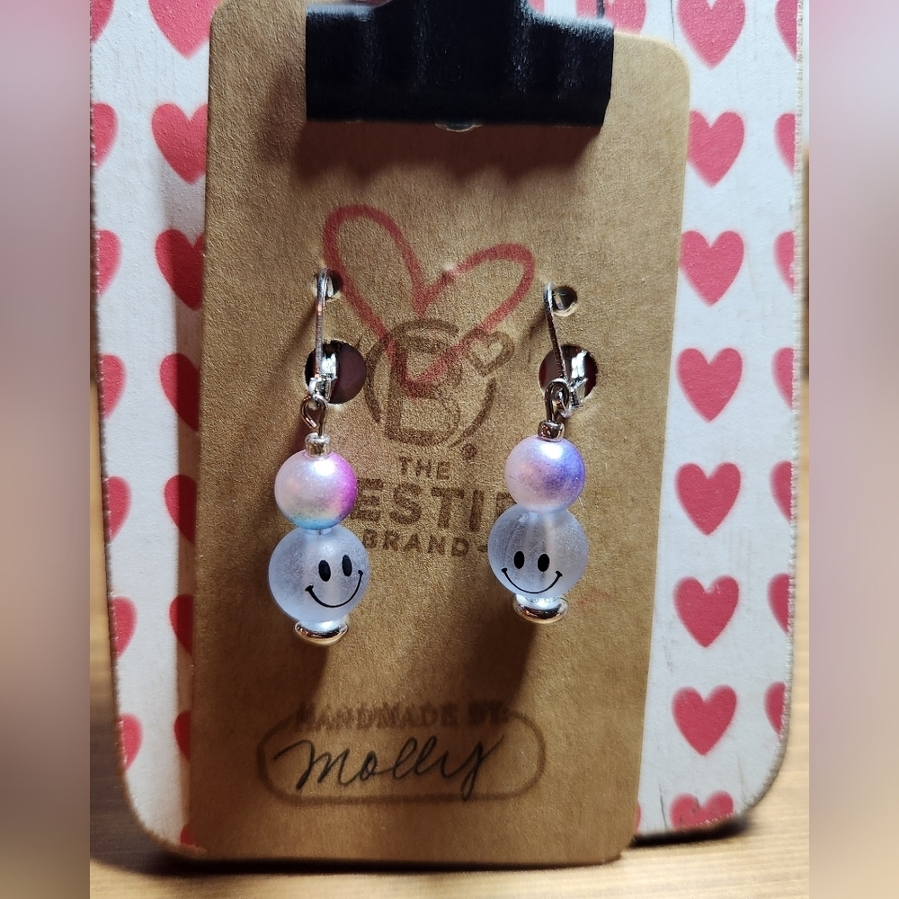 Silver in Color Blue Purple Pink Smiley Face Handmade Clasp Leverback Earrings